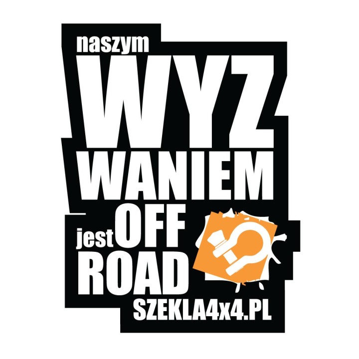 Naklejka Naszym wyzwaniem jest offroad – biały napis i logo Szekla4x4.pl