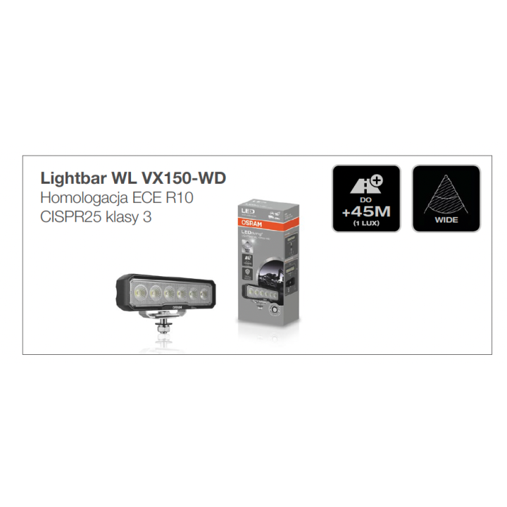 Lampa VX150-WD z homologacją ECE R10 i CISPR25 klasy 3, światło szerokie na 45 m