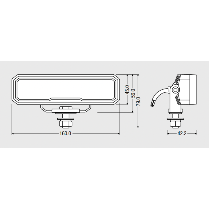 Rysunek wymiarowy lampy VX150-WD: 160 mm szerokości, 79 mm wysokości, 42,2 mm głębokości