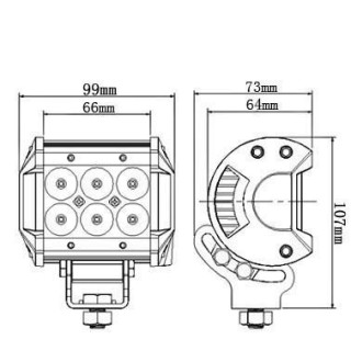 Rysunek wymiarowy reflektora LED 18W: 99 mm szerokości, 73 mm głębokości, 107 mm z uchwytem