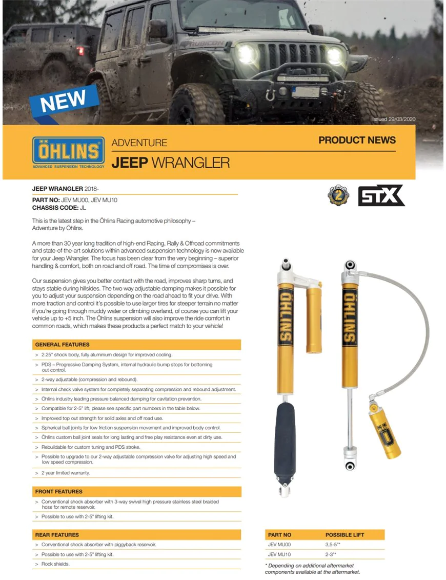 JEV MU00 OHLINS ADVENTURE STX FOR JEEP WRANGLER JL lift 3,5 - 5"