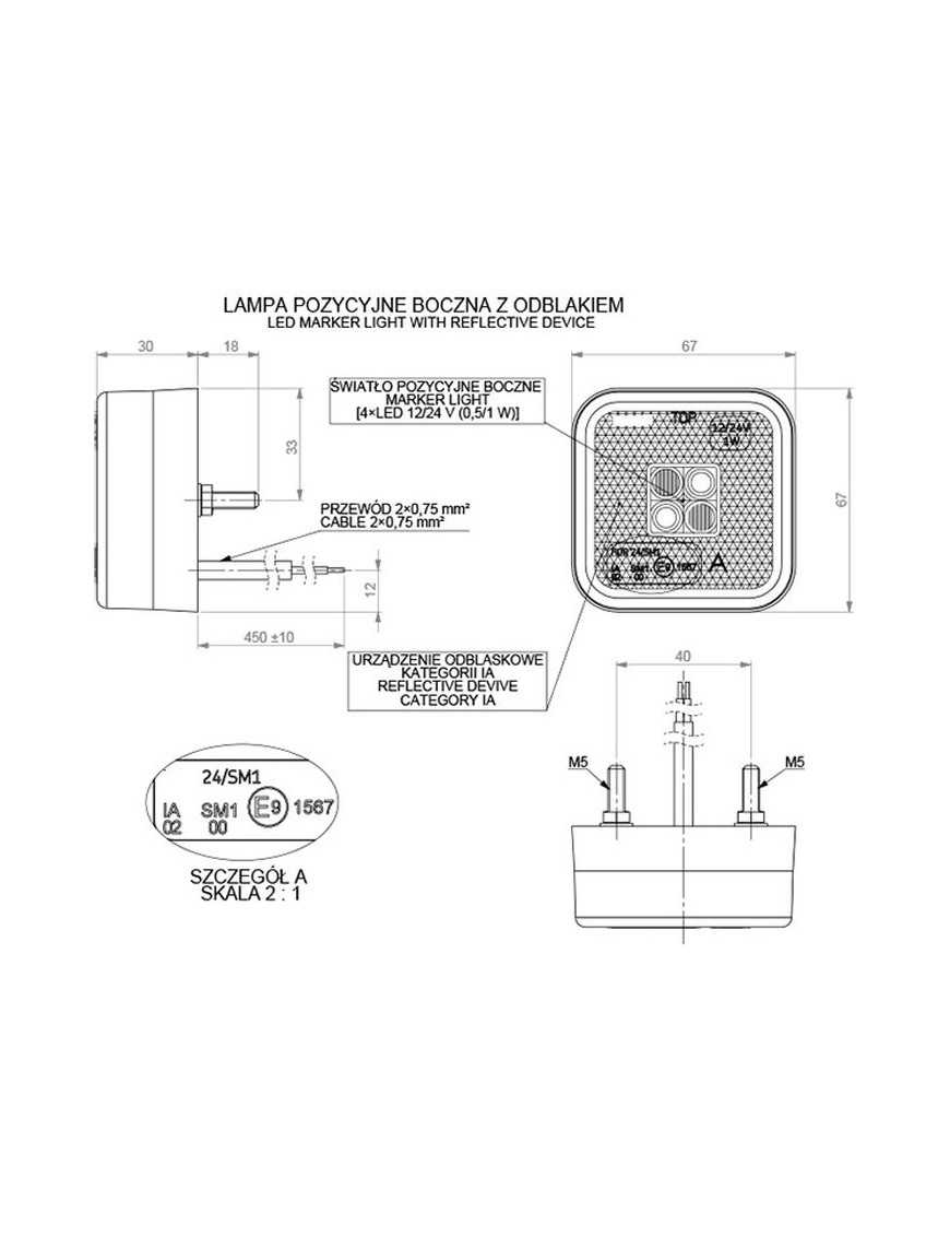 Lampa obrys. kwadratowa z odbl. dioda pom. 12/24V