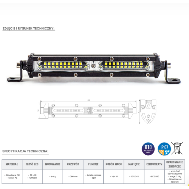 Specyfikacja panelu LED: 18 diod, 1200 lm, 16,4 W, 12V/24V, ECE R10, IP67
