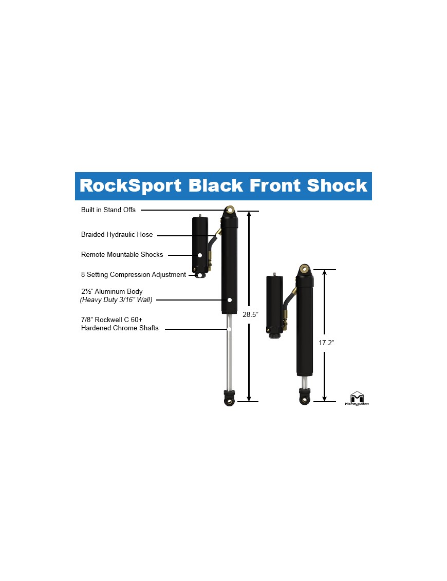 RockSport BLACK, 2.5"/3.5" JL Wrangler & JT Gladiator Adjustable Reservoir Shocks, Front, Pair, Standard Axle Edition