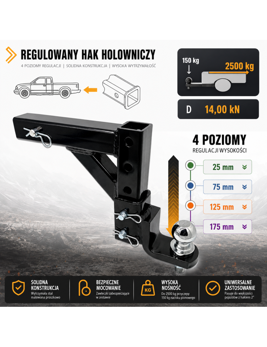 Regulowany adapter haka USA 2" z kulą przejściówka do amerykańskiego haka holowniczego