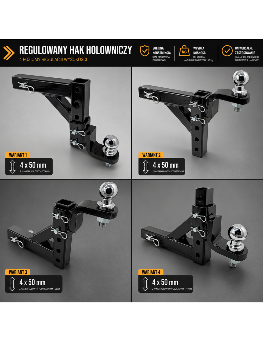 Regulowany adapter haka USA 2" z kulą przejściówka do amerykańskiego haka holowniczego