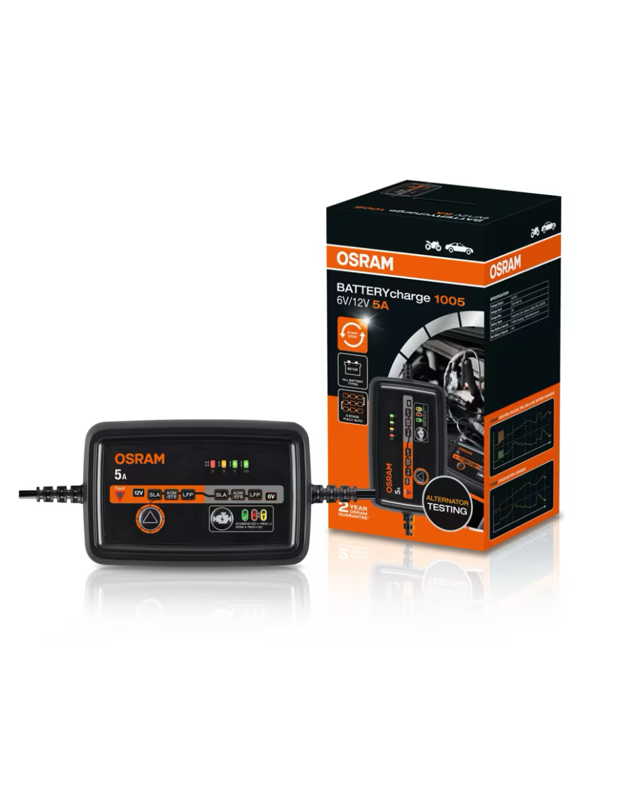 OSRAM BATTERYcharge 1005 – inteligentny prostownik 5 A, 6/12 V, 4–120 Ah
