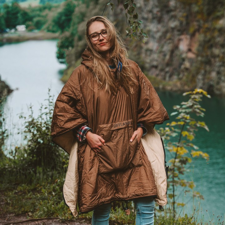 OFFLANDER PONCZO KEMPINGOWE CIENKIE Z OGRZEWACZEM BRĄZOWE