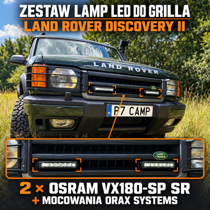 Zestaw 2 lamp LED OSRAM VX180-SP SR z mocowaniami ORAX Systems w atrapę — Land Rover Discovery II - ujęcie 2