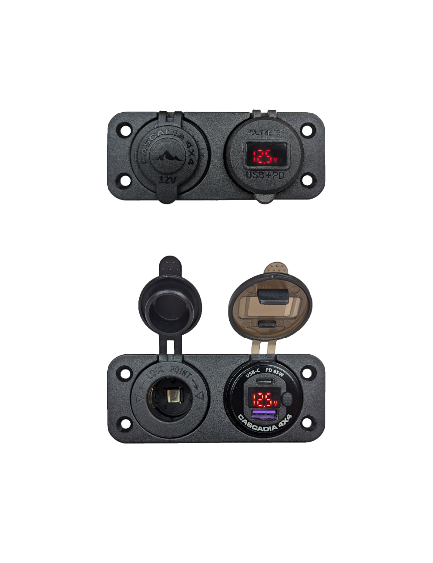 Cascadia 4x4 CHF300 — zestaw gniazd 12V do VSS System™ 2.0, USB-C 65 W, USB-A i gniazdo zapalniczki