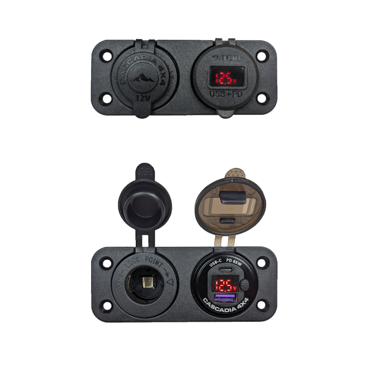 Cascadia 4x4 CHF300 — zestaw gniazd 12V do VSS System™ 2.0, USB-C 65 W, USB-A i gniazdo zapalniczki