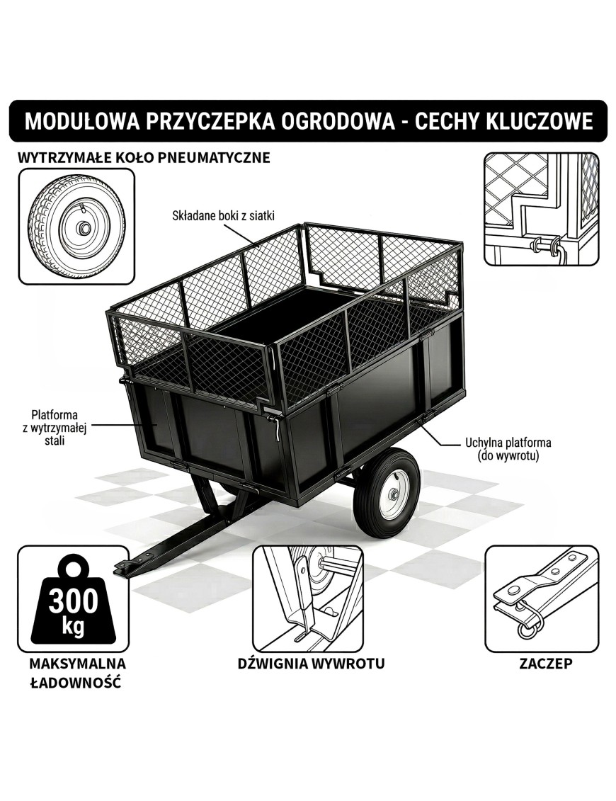 Przyczepka ogrodowa z kiprem Barracuda B-TC3080, 300 kg, do quada i traktorka