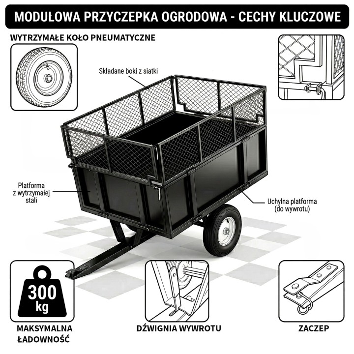 Przyczepka ogrodowa z kiprem Barracuda B-TC3080, 300 kg, do quada i traktorka - ujęcie 5