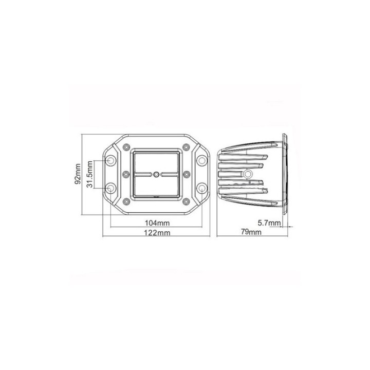 Rysunek wymiarowy lampy LED 4x3W Habitat: 122 na 92 mm, otwory 104 mm, głębokość 79 mm