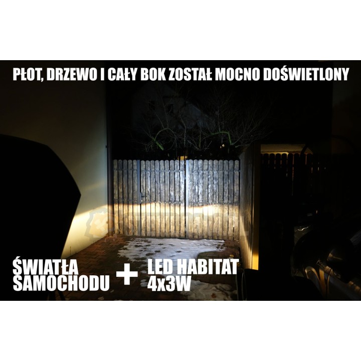 Światła samochodu z lampą LED Habitat – doświetlony płot, drzewo i cały bok drogi
