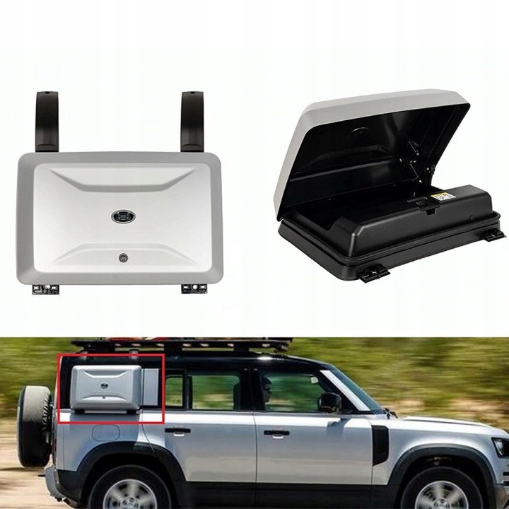 Kufer boczny — schowek na szybę boczną Land Rover Defender, srebrny mat satynowy