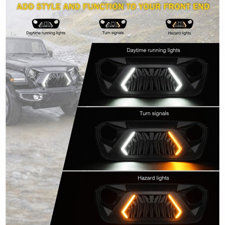 Grill Jeep Wrangler JL / Gladiator JT 2018-2025 z DRL i kierunkowskazem - ujęcie 3