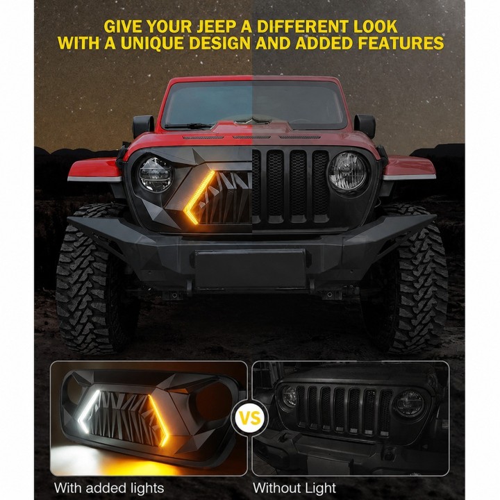 Grill Jeep Wrangler JL / Gladiator JT 2018-2025 z DRL i kierunkowskazem - ujęcie 4