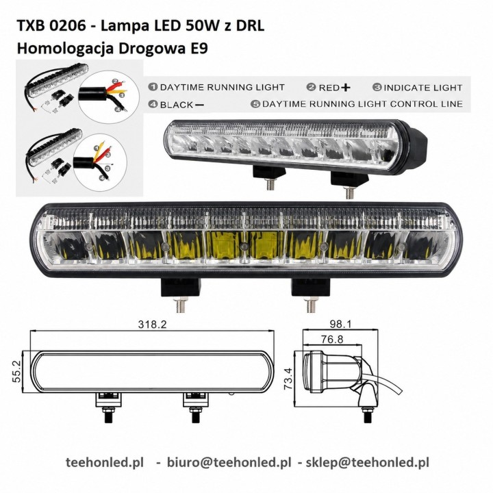 Lampa drogowa LED 50 W z DRL TXB 0206, homologacja drogowa E9 - ujęcie 3