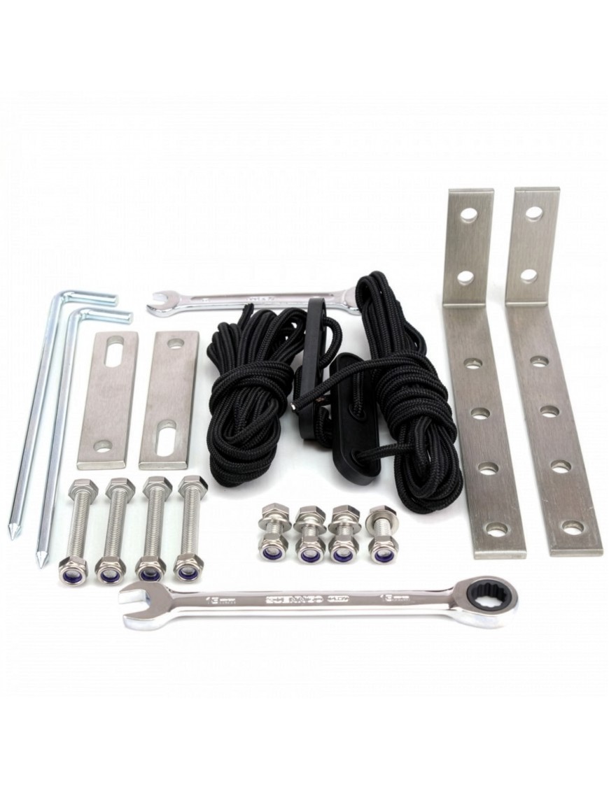 Wild Camp awning mounting kit: adapters, bolts, guy lines, pegs and a wrench