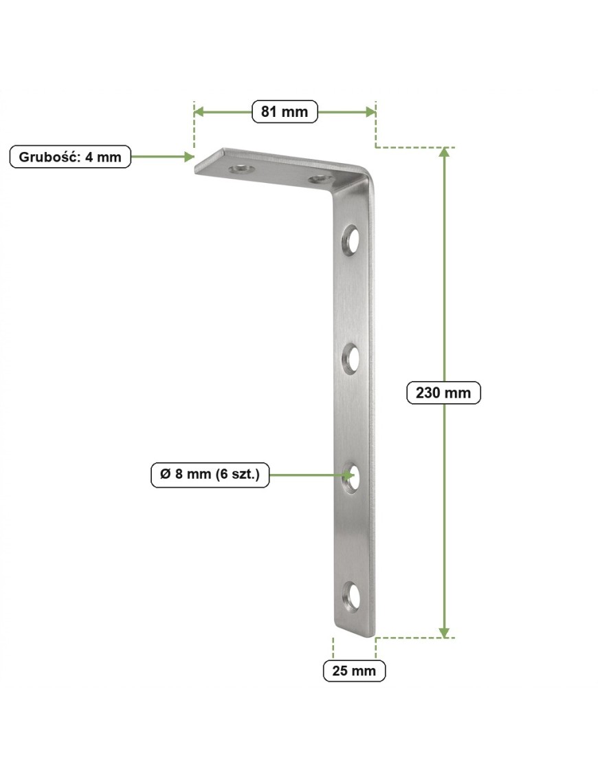 Rysunek profilu L z wymiarami 230 mm, 81 mm, szerokością 25 mm, grubością 4 mm i otworami Ø 8 mm
