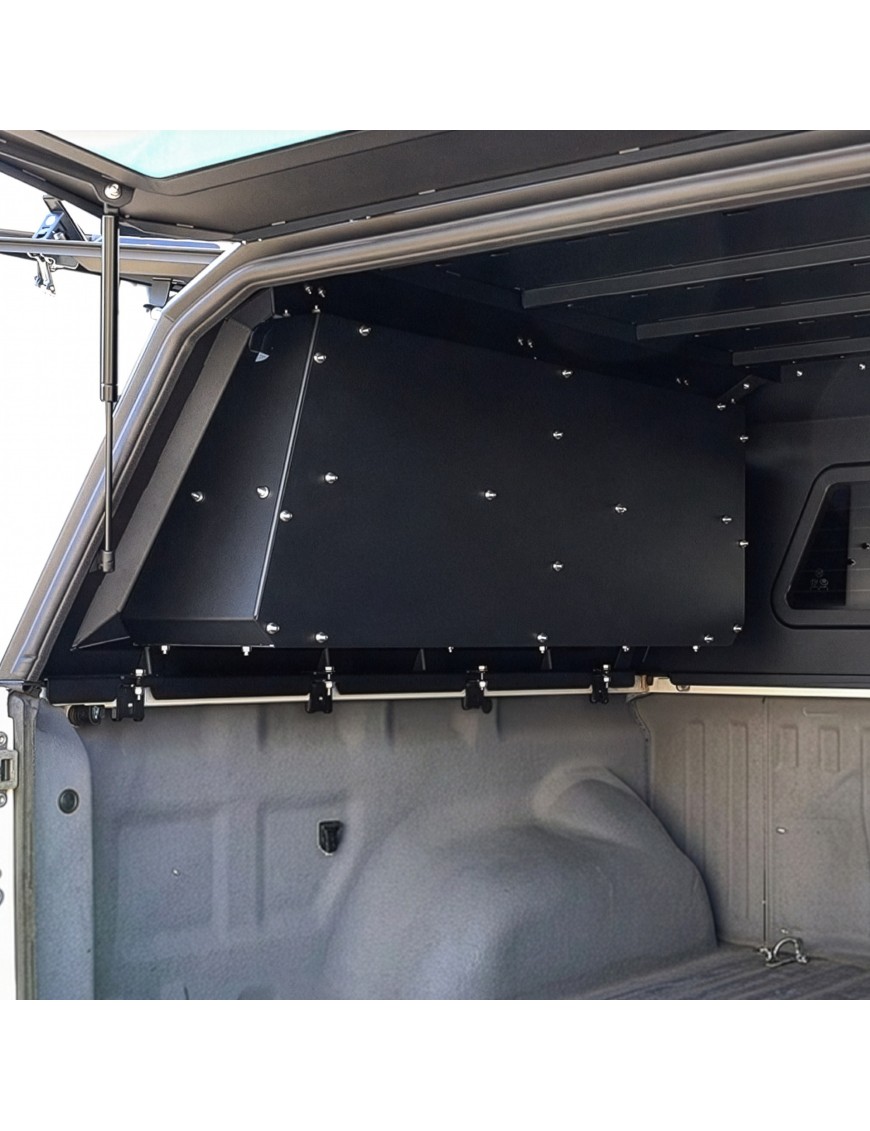 Inside a hardtop canopy with a Wild Camp side storage box above the wheel arch