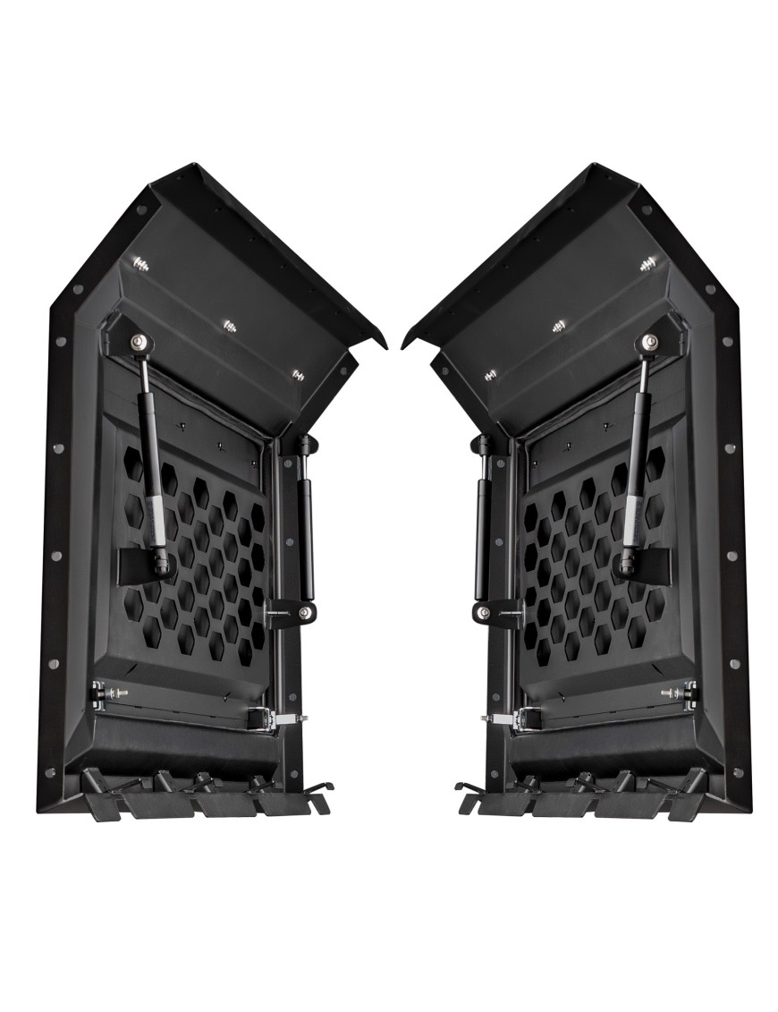 Wild Camp hardtop side hatches from the inside with gas struts and perforated lining