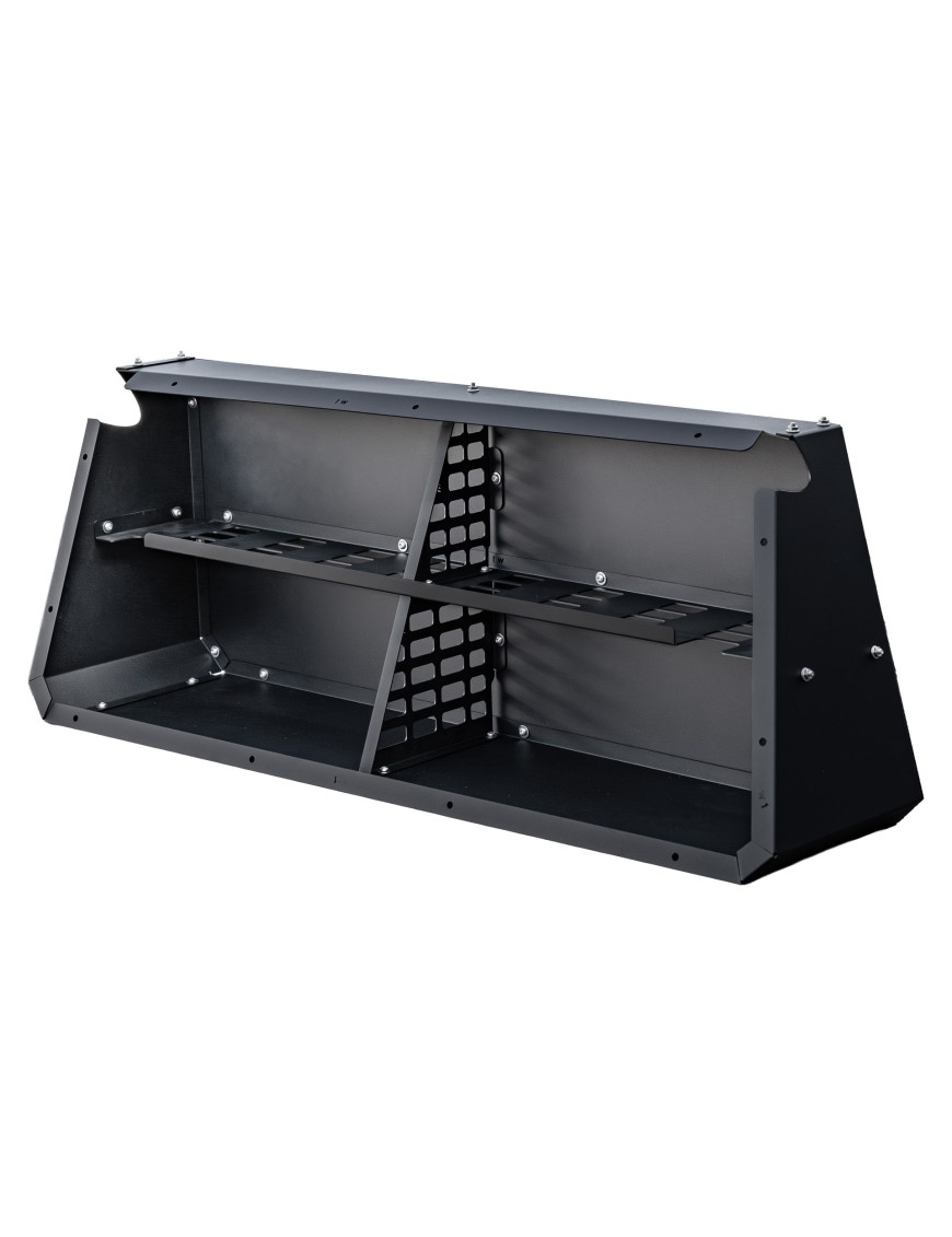Black steel Wild Camp side box with shelves and a perforated divider wall