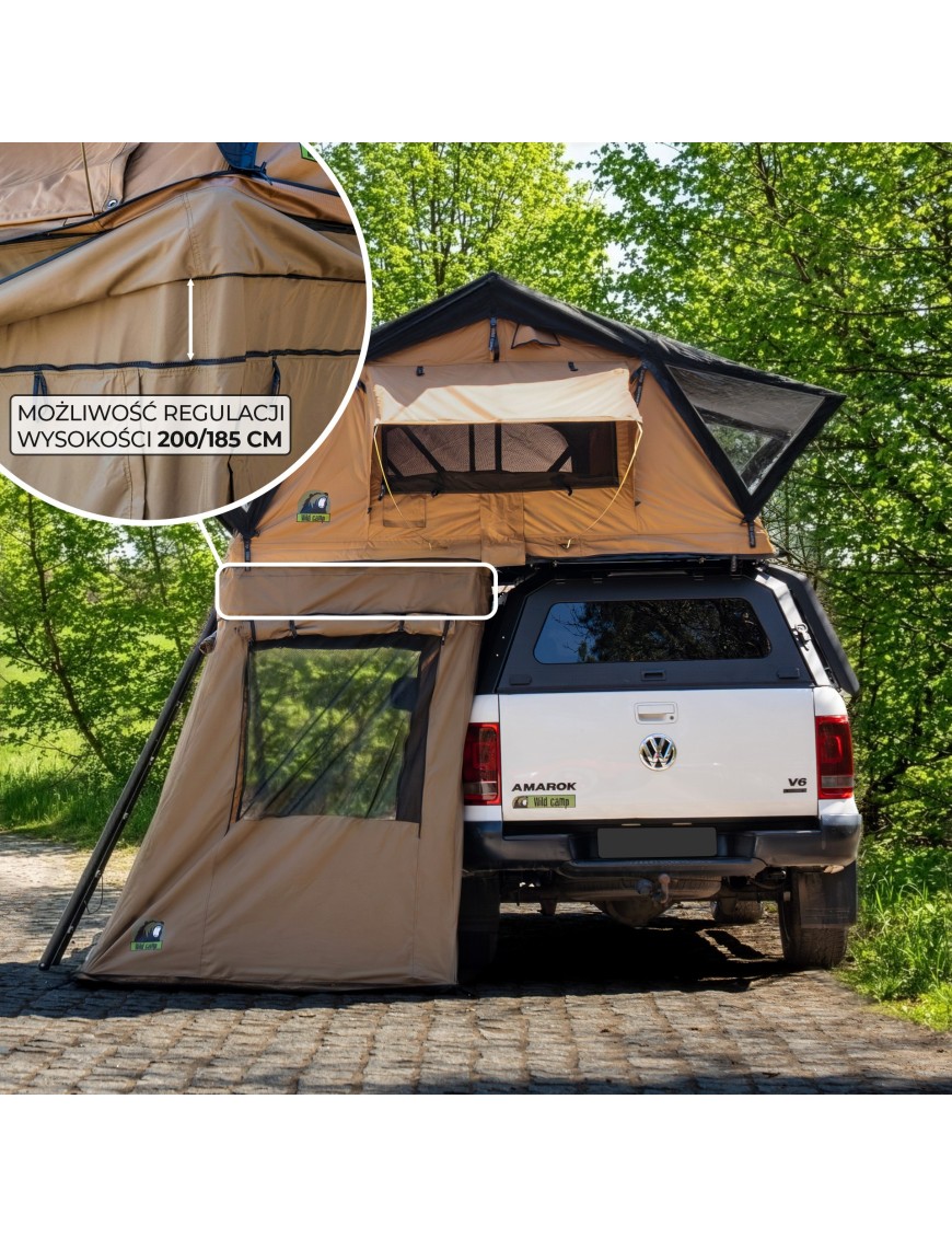 Przedsionek namiotu dachowego Wild Camp Ohio z oznaczeniem regulacji wysokości 200/185 cm