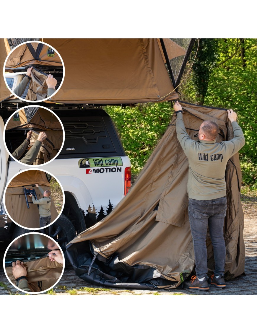 Zawieszanie przedsionka Wild Camp Ohio pod namiotem dachowym, zbliżenia mocowania