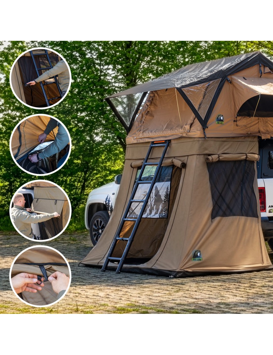 Przedsionek Wild Camp Ohio z drabinką namiotu w wejściu i zbliżeniami zamków
