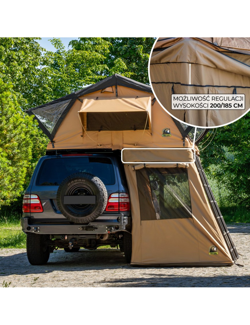 Przedsionek namiotu dachowego Wild Camp Ohio z oznaczeniem regulacji wysokości 200/185 cm