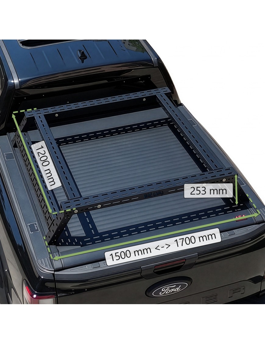 Bed rack Wild Camp na pace pickupa z zaznaczonymi wymiarami 1200 mm, 253 mm i 1500–1700 mm