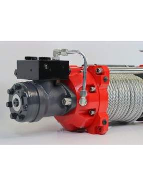 Wyciągarka hydrauliczna K10000HI liną stalową, hakiem, prowadnicą rolkową i napinaczem