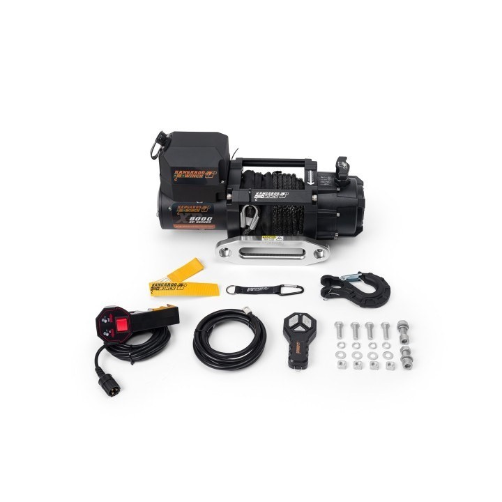 Wyciągarka K8000XP 12V z krótkim bębnem liną syntetyczną i sterowaniem bezprzewodowym 126:1 Kangaroowinch