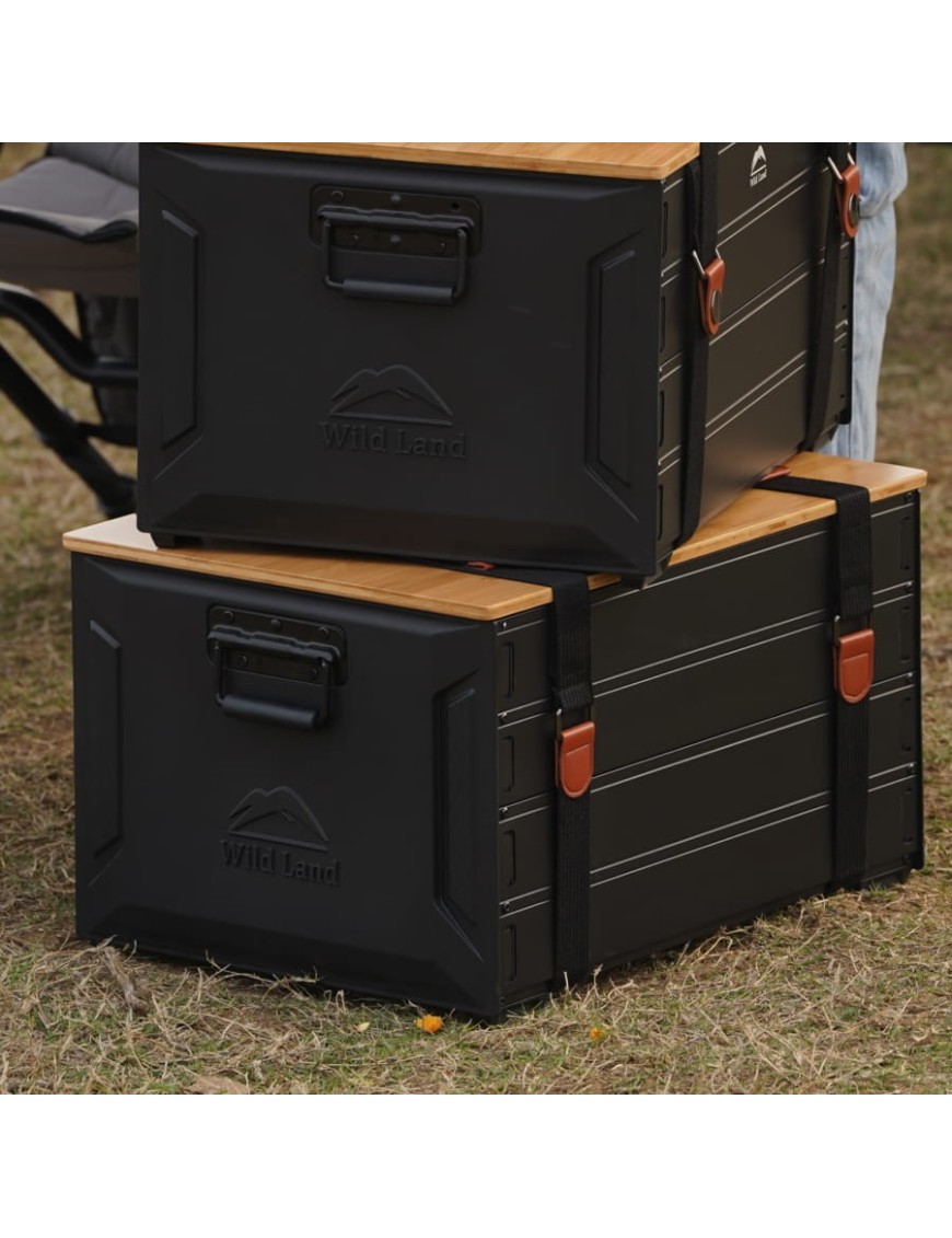 Skrzynka kempingowa Wild Land 46 l — aluminium z bambusową pokrywą