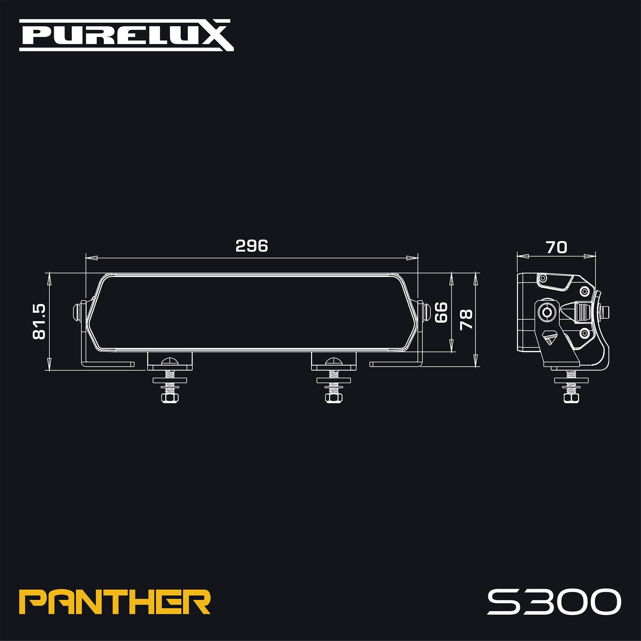 Rysunek wymiarowy belki LED Purelux Panther S300 z wymiarami w milimetrach
