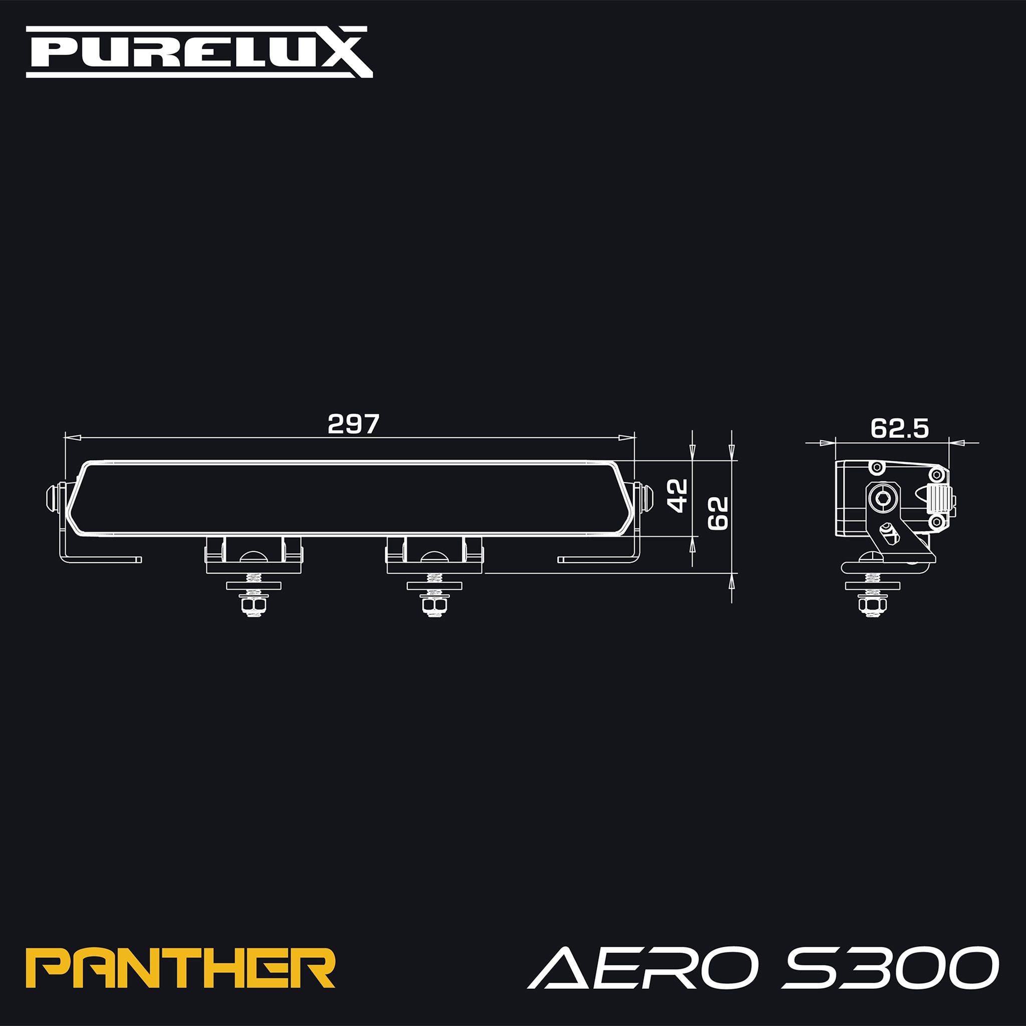 Rysunek wymiarowy belki LED Purelux Panther Aero S300 z wymiarami w milimetrach