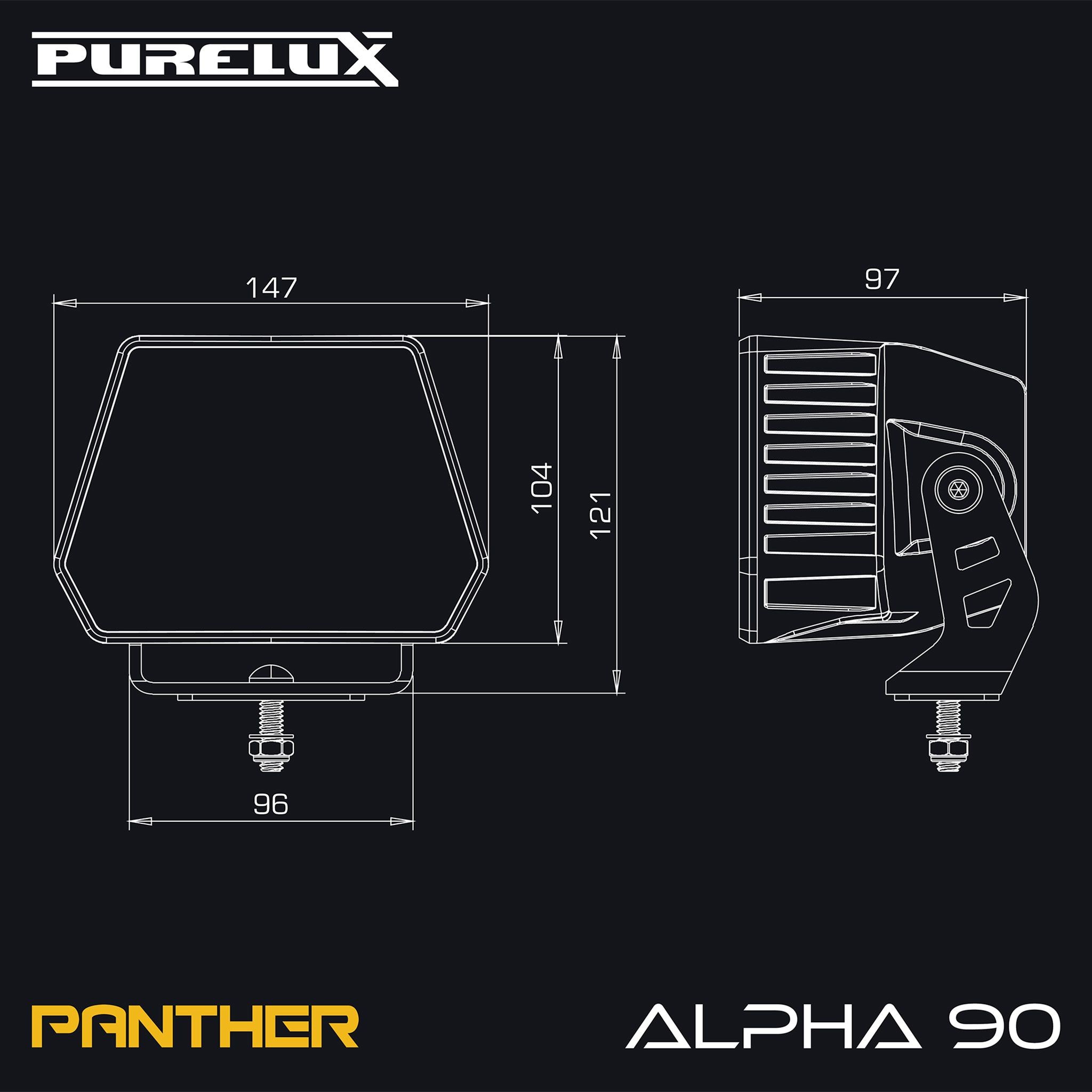 Rysunek wymiarowy lampy roboczej Purelux Panther Alpha 90