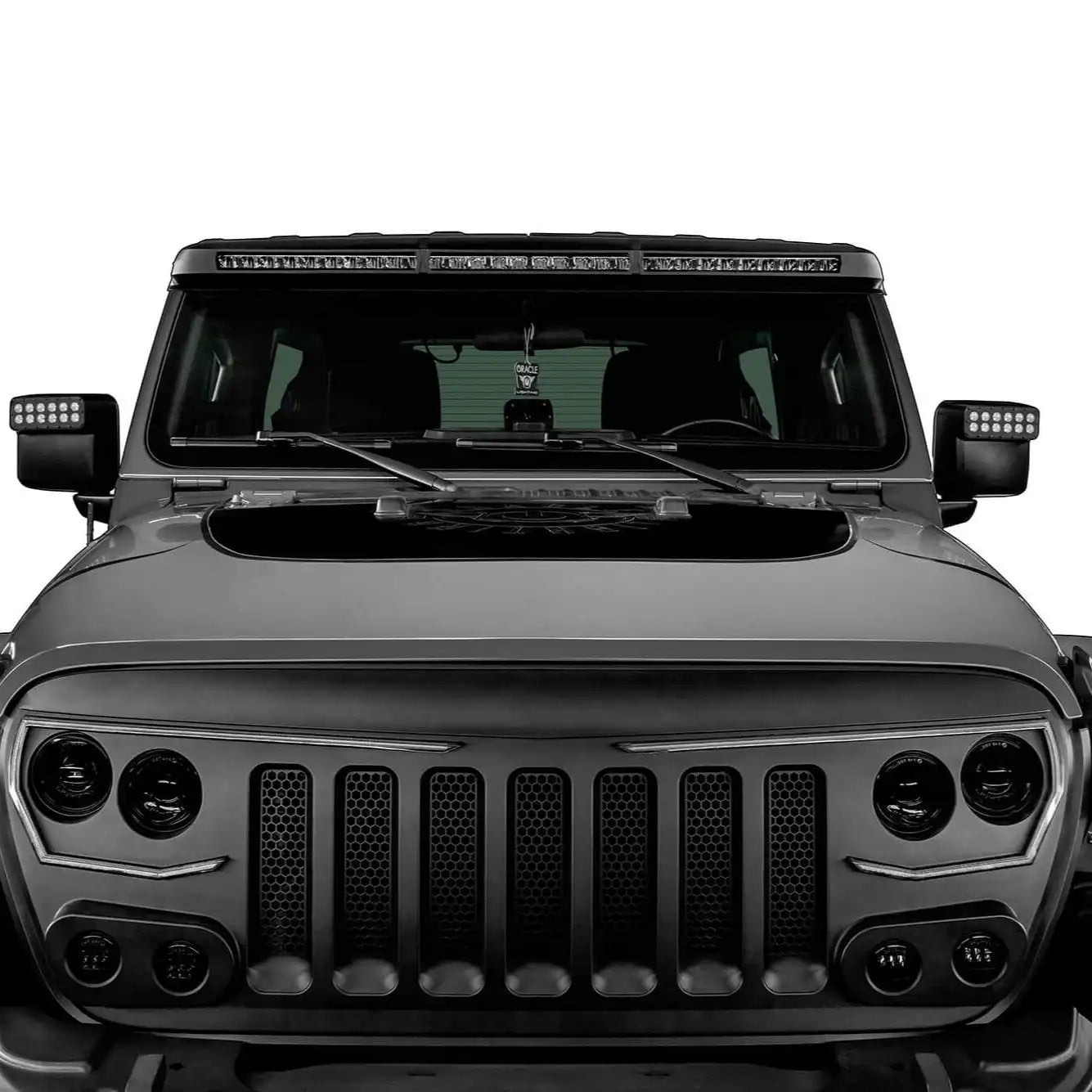 Jeep Wrangler JL od przodu z zapalonym panelem LED Oracle