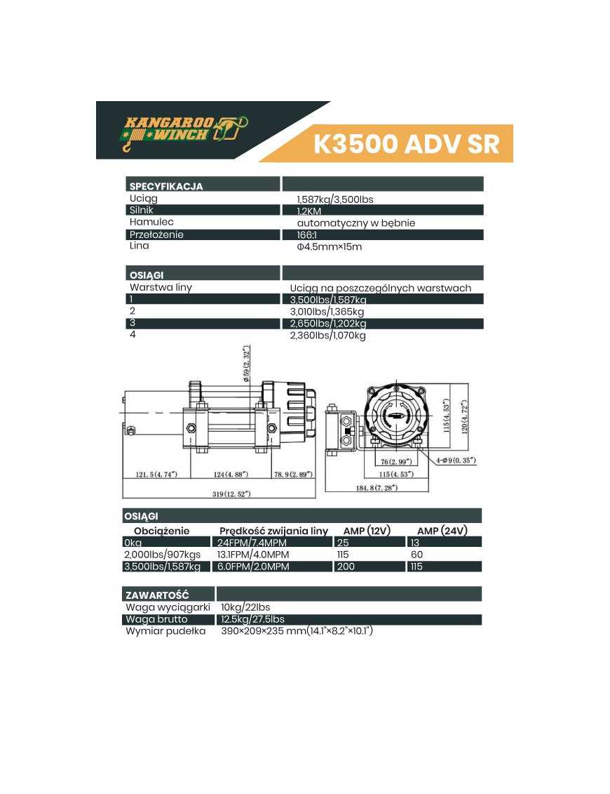 Wyciągarka Kangaroowinch K35-ADV 12V z liną syntetyczną