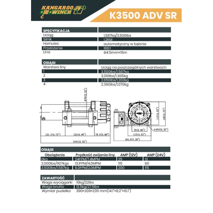 Wyciągarka Kangaroowinch K35-ADV 12V z liną syntetyczną
