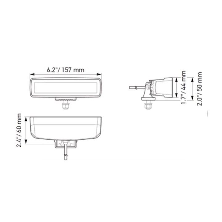Rysunek wymiarowy lampy: 157 mm szerokości, 60 mm wysokości, 50 mm głębokości