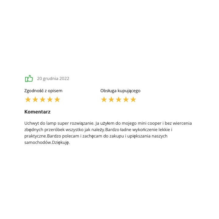 Zrzut opinii klienta o mocowaniu z grudnia 2022 z oceną pięciu gwiazdek