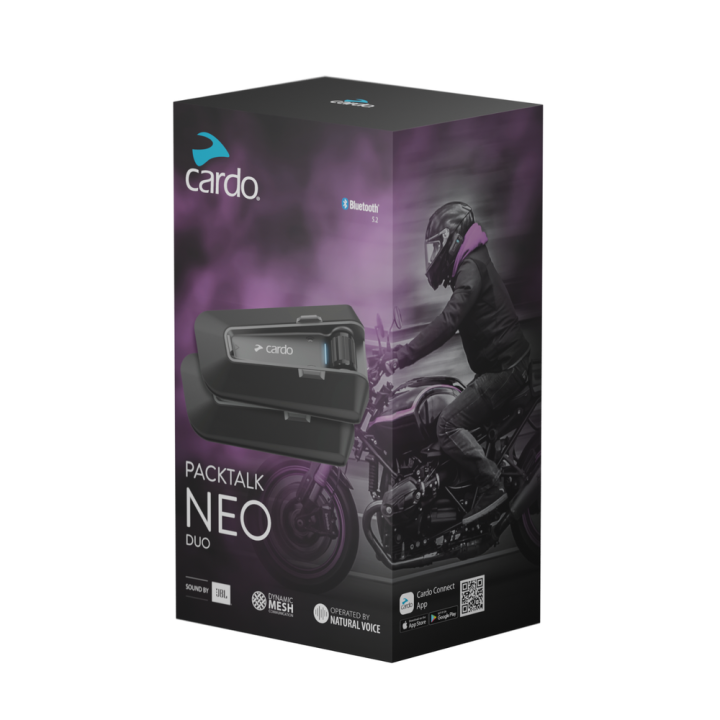 Pudełko Cardo Packtalk Neo Duo z grafiką motocyklisty i oznaczeniami JBL i Mesh