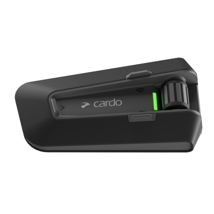 Interkom Cardo Packtalk Neo z boku – pokrętło sterujące i zielona dioda