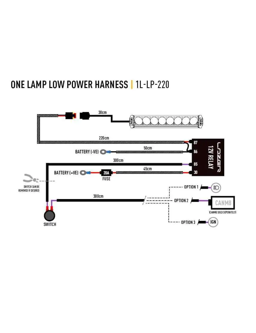 Harness for connecting a single 12V lamp - LAZER ST-Range, Triple-R Elite (Gen2), Linear