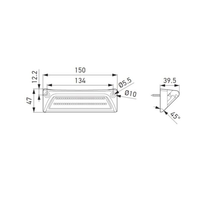 Rysunek wymiarowy lampy Hella: 150 mm szerokości, 47 mm wysokości, kąt 45 stopni