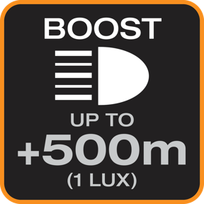 Zasięg światła lampy OSRAM MX500-CB do 500 metrów przy natężeniu 1 lx w trybie Boost